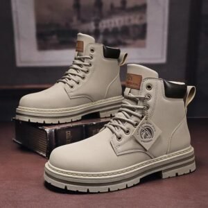 Men's Leather Ankle Boots High Top Lace-Up Motorcycle Winter Boots